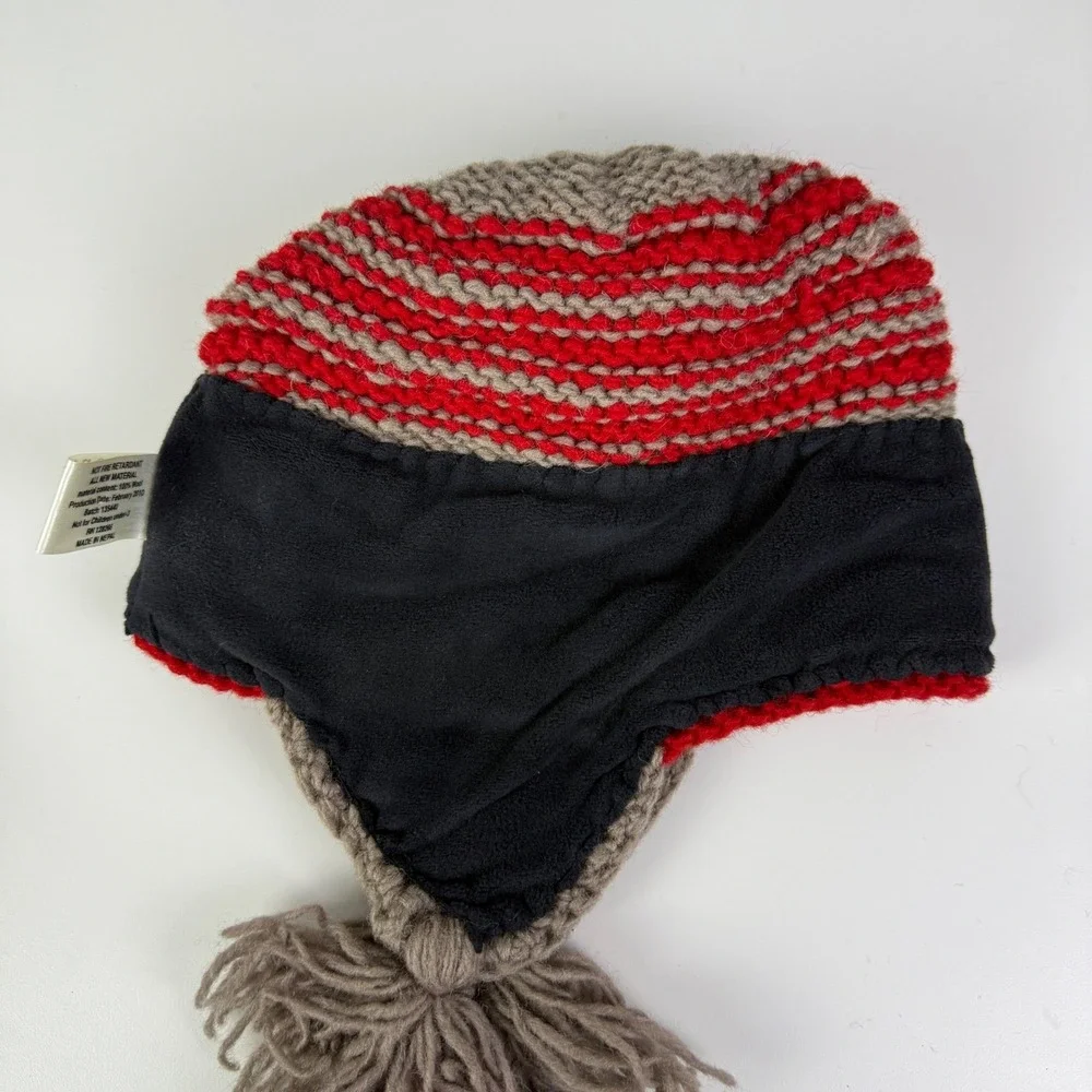 Seasons of Cannon Falls Wool Earflap Hat Red Brown Tassel Pom‎ Pom Winter